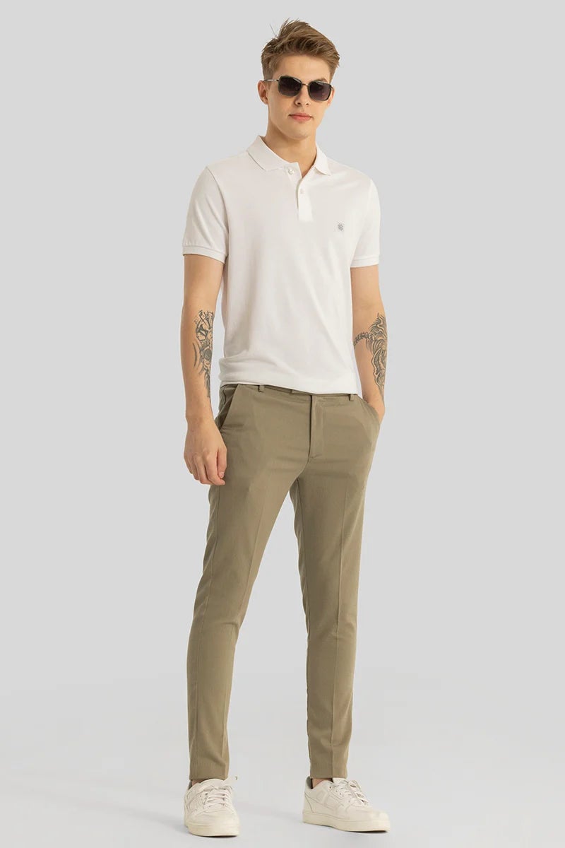 SNITCH Yann Khaki Plain Slim Fit Trousers - Image 2